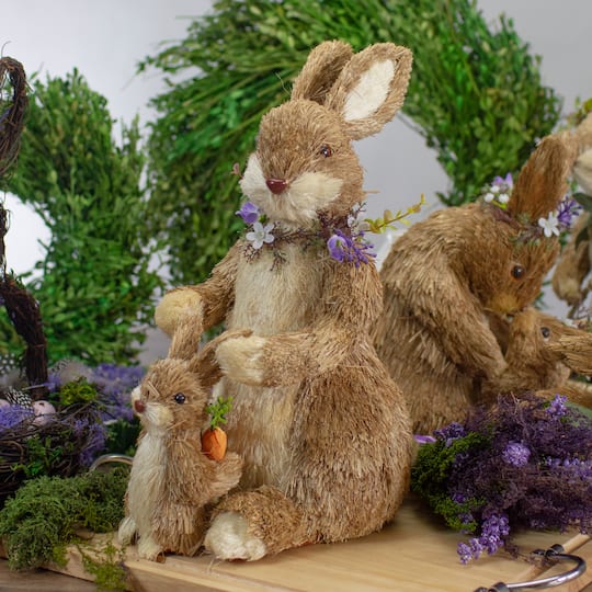 14" Sisal Mommy & Baby Bunny Easter Figure